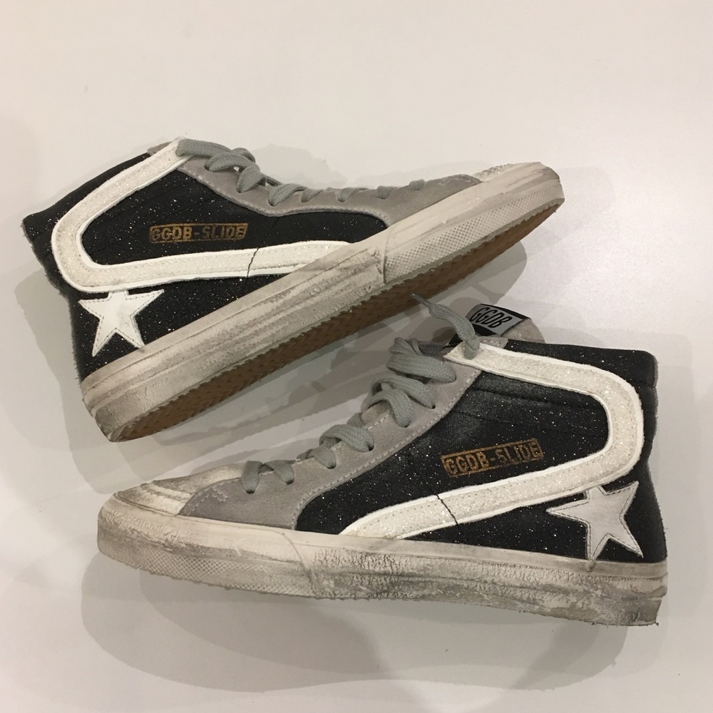 Golden Goose Slide Sneaker Black White Shimmer NIB - Picture 2 of 13